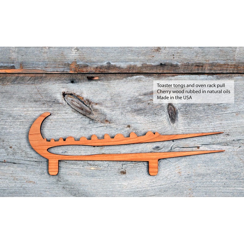 Crocodile Toaster Tongs and Oven Rack Pull, Solid Cherry Wood