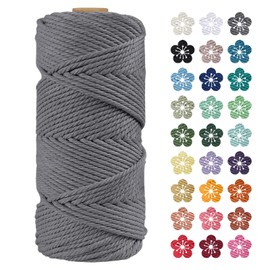 LEREATI Macrame Cord 4mm x 100m, Thick Macrame Rope Natural Cotton Rope Craft String, 4 Strand Twisted Cotton Cord Yarn for DIY Plant Hanger, Wall Hanging, Christmas Decoration (Gray)