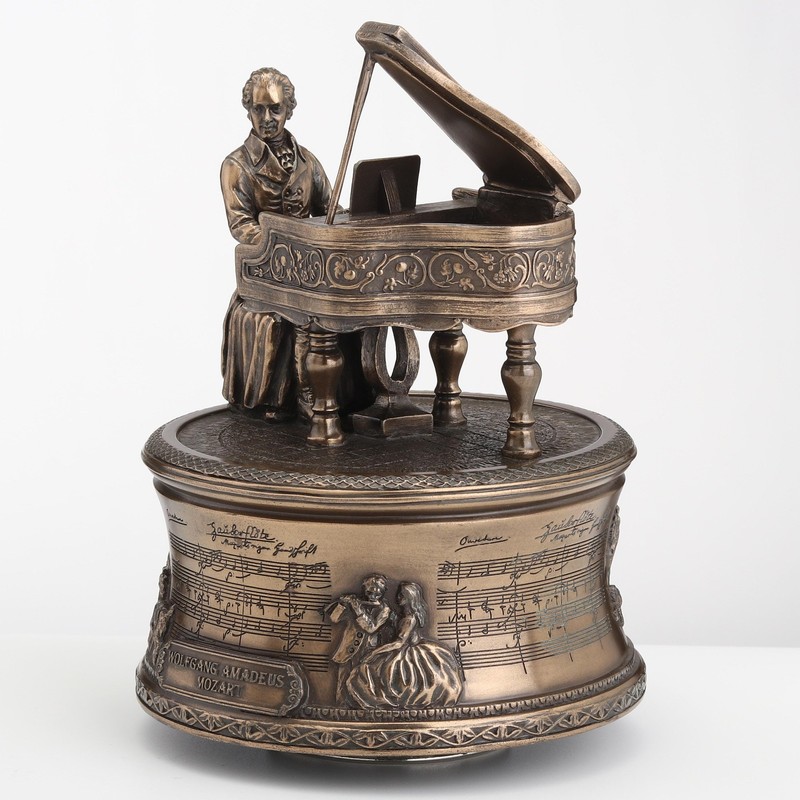 Bronzed Mozart Playing Piano Spinning Music Box