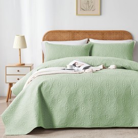 WURUIBO Full/Queen Quilt Set Light Green, Microfiber Lightweight Bedspreads, Ultrasonic Embossed Solid Coverlet, Thin Bedding Set for All Season, Soft Breathable Bed Cover(1 Quilt, 2 Pillow Shams)