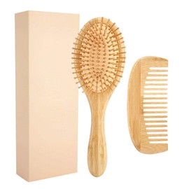 Cepillo para el cabello con cerdas de bambú Peine de cuero cabelludo de masaje y peine de dientes planos para mujeres, hombres y niños(2 piezas)