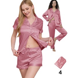WJing Yi Jia Womens 5Pcs Silk Pajamas Set XS-2XL Satin Pajama Sets Silky Sleepwear Pjs Loungewear Button Down Pj Nightwear Dusty Rose