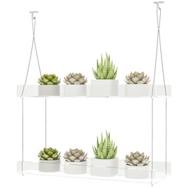 Wynthex Hanging Clear Window Plant Shelves, Height Adjustable Acrylic Window Plant Hanger, 2-Tier Sturdy Window Sill Plant Shelf for Indoor Window Grow Herbs, Succulents, Flower