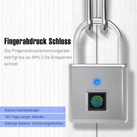 Lock with Fingerprint, IP55 Waterproof, Padlock Fingerprint, USB Charging Bluetooth Biometric High Security Lock for Gym Locker, Garage, Shed, Silver