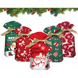 Yulun Christmas Drawstring Bags - 30 PCS in 6 Styles with Ribbon Ties for Candy, Treats, and Presents Birthday Wedding Christmas Party (6styles（each style5）, 15 * 23cm)