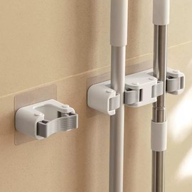 feelP0P0 Broom Holder Wall Mount Mop and Command Broom Hanger Organizer Wall Mount Self Adhesive (Double clip)