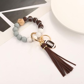boderier Game Day Football Silicone Bracelet Keychain Wristlet Bangle Keyring Portable House Car Keys Ring Holder W/Tassel White Brown（Brown Football）