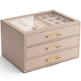 Vlando 3 Layer Jewelry Box for Women, Glass Lid Jewelry Organizer with 4 Drawers for Necklaces Rings Earrings Bracelets - Toffee
