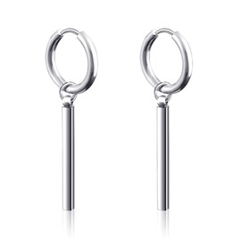 KVANU Punk Stainless Steel Long Bar Small Huggie Hoop Earrings Dangle Drop Ear Earrings for Women Men (Silver)