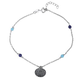 Vanbelle Sterling Silver Jewelry - Rhodium Plated 925 Stamp - Sea Shell Charm and Beads Anklet - Elegant Stylish Beautifully Designed for Women - 9" Long + 1" Extender