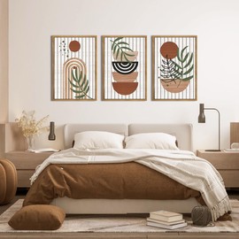 3D Wood Boho Wall Art Set of 3 Framed Mid Century Modern Abstract Wall Decor for Bedroom Living Room Office 16x24 Inches