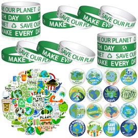 6sisc 82Pcs World’s Earth Day Silicone Bracelet Button Pins Set, Save Our Planet Wristbands Bracelet Buttons Enamel Badge Vinyl Stickers for Love Earth Party Decor Supplies Charity Fundraising Favors