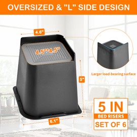shouwuhho Bed Risers 1 inch, 2 inch, 3 inch, 4 inch, 5 inch, 6 inch, 8 inch Heavy Duty, Oversized Furniture Risers Support up to 6,000 Lbs for Sofa, Bed Frame, Tables, Couches (6 Pack, Black, 5 inch)