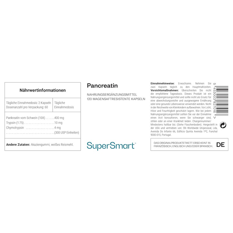 Supersmart - Pancreatin - Contains Synergistic Digestive Enzymes - Helps