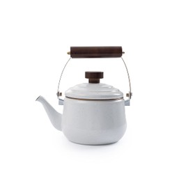 Barebones Enamel Teapot - Vintage Inspired Design - Baked Stainless Steel Rim - FSC Certified Natural Walnut Handle Tea Kettle - 1.5 Liters, 6 Cups (Eggshell)