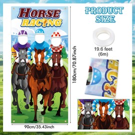 HOWAF Horse Racing Photo Banner, Fabric Horse Racing Decorations Background with 2 Cartoon Face Frame Backdrop Photo Booth Props for Horse Racing Party Decorations, 180 x 90 cm