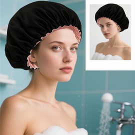 2 Pcs Shower Cap, Shower Hat, Reusable Elastic Band Bath Caps Adjustable Suitable Variety Hair Styles, for Both Men Women, Silky Sleep Bathing Cap for Women Long Curly Hair, Black
