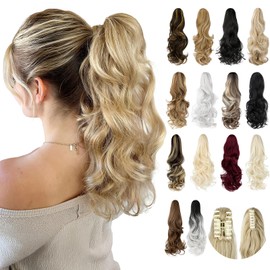 Felendy Ponytail Extension, 18" Claw Clip in Ponytail Extensions Curly Wavy Ponytail Hair Extension Jaw Clip on Long Pony Tails Hairpiece for Women Synthetic Platinum Blonde