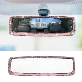Bling Car Rear View Mirror, Clip-On Rhinestone Car Rearview Mirror with Crystal Diamonds, HD Glass Auto Interior Rear View Mirrors, Auto Decoration Accessories for Women Men Teens (Pink)