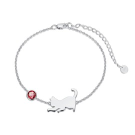 LONAGO Cat Bracelet 925 Sterling Silver Cute Cat with Birthstone Bracelet Jewellery for Women, Sterling Silver