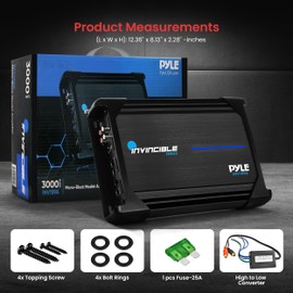 Pyle Amplifier Car Audio, Class AB MOSFET PWM Monoblock Amp Invincible Series, 1 Channel 3000 Watts Max, High-Current Dual Discrete Drive Stages Bass Amp, Advanced Protection Circuitry Car Amplifier