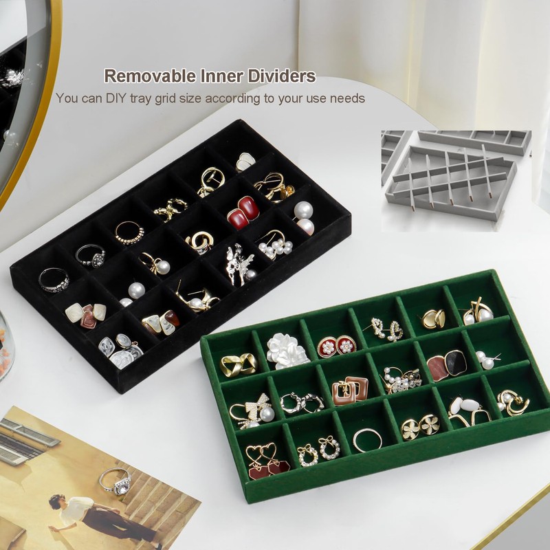 SPAKOWN Jewelry Organizer for Drawer, Adjustable Velvet Jewelry Tray, Stackable