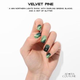 Adora Couture Semi Cured Gel Nail Strips with 30 Pieces, Salon Quality Nail Wraps for Women, Green Northern Lights Glitter UV Gel Nail Stickers, UV Light Required, Velvet Pine