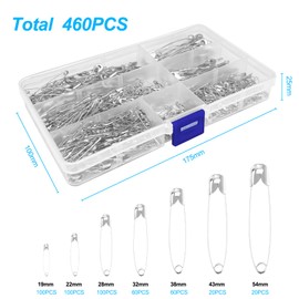 Magrimaxio 460 Pieces Safety Pins, 7 Sizes Safety Pin Set, Lapel Pins, Safety Pins, Rust Resistant Lapel Pins, Silver Durable Safety Pins for Clothes, Crafts, Sewing