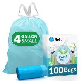 Reli. 4 Gallon Trash Bags Drawstring (100 Count) | Fresh Scented Small Trash Bags for Bathroom Can | 2 Gal - 3 Gallon - 4 Gal Small Trashcan Liners (Blue)