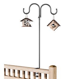 40 Inch Tall Double Deck Hook for Railing, Adjustable Outdoor Shepherds Hook with 2-Inch Strengthened Clamp for Hanging Plant Bird Feeder, 1 Pack