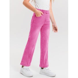 Haloumoning Girls Wide Leg Jeans Kids Elastic Waist Pull On Stretchy Baggy Denim Pants with Pockets 5-14 Years Pink