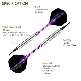 Darts with Plastic Tip for Electronic Dartboard 18 g, E Darts Soft Darts Dart with Purple Aluminium Shaft 6 Flights 50 Tips 50 Anti-Loose Rubber Rings