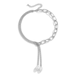 Jumwrit Dainty Silver Paperclip Chain Necklaces Pearl Pendant Chokers Y2K Necklaces Accessories for Women