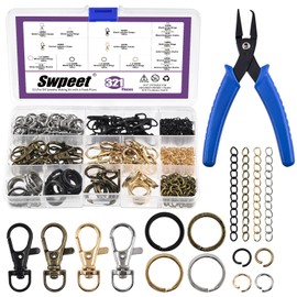 Swpeet 321Pcs Assorted Keychain Making Set with Pliers, 40Pcs Swivel Lanyard Snap Hook, 1Pc Split Ring Pliers, 40Pcs Keychain Ring, 40Pcs Extender Chains, 200Pcs Jump Rings, Bronze/Black/Gold/Silver
