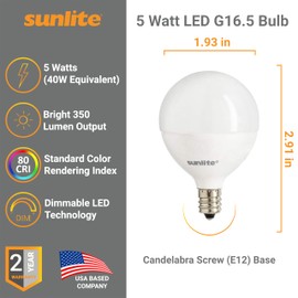 Sunlite G16.5 Light Bulb LED, 5 Watts (40W Equiv.), 350 Lumens, Dimmable, Type G Globe Shape E12 Candelabra Base, Short Bulbs, Vanity Mirror Bulbs, 2700K Soft White, Clear, 6 Count