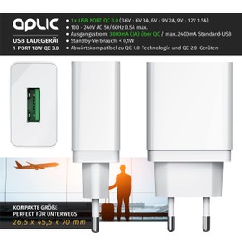 CSL USB Charger 18 W Quick Charge 3.0 - Power Supply with Quick Charge Function - Smart Charge Solid Charge Intelligent Charging - Suitable for Alarm Clock, Mobile Phones, Smartphones, Sat Navs,