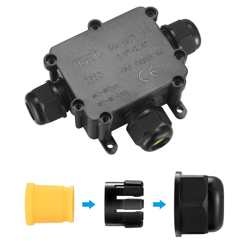 IP68 Waterproof Junction Box, 3-Way External Cable Glands Wire Connectors