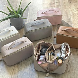 Large Capacity Travel Cosmetic Bag, Travel Makeup Bag,  Opens Flat for Easy Access, Toiletry Bag for Women, Vegan Leather, Multifunctional:_BROWN