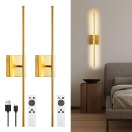 Beupoel Battery Operated Wall Sconces Set of Two Wireless with Remote Control,350°Rotate,3000K-6000K Gold Modern LED Rechargeable Indoor Wall Lights for Living Room,Bedroom,Stairs,27.5 Inch (2 Pack)