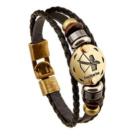 Zodiac Sign, Constellation, Astrology Bracelet, Charm Leather Wristband, Bangle, Base Metal, Sagittarius 01