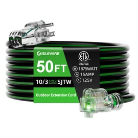 50FT 10/3 Outdoor Extension Cord, 10 AWG Ultra Heavy Duty 3-Prong SJTW, Waterproof, Flexible Cold-Resistant, Indoor/Outdoor, LED Lighted End, 15 Amp 1875W, Black & Green, ETL Listed
