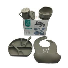 PAPU BABY Set de Alimentación - 1 Babero, 1 Plato Hondo/Bowl, 1 Plato de Divisiones, Vaso con Popote y Tapa de Snack, Tenedor y Cuchara de Silicón 100