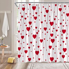Valentine's Day Shower Curtain,Red Heart Striped Dots Romantic Love Women Bathroom Home Curtain Decor with Hooks,70x70 Inch