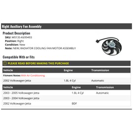 Right Passenger Side Radiator Cooling Auxiliary Fan Assembly - Compatible with 2002-2005 Volkswagen Jetta