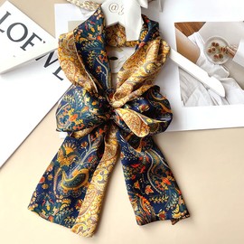 MEISEE - Bufanda de seda de morera 100 % para mujer, 59 x 6.3 pulgadas, larga para la cabeza, bufanda para el cuello, envolturas para el cabello y chales con paquete de regalo, Anacardo azul+amarillo, S