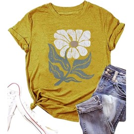 Vintage Floral Shirts Women Boho Wildflowers T-Shirt Wildflower Graphic Tee Shirts Summer Nature Tshirts Tops(Yellow,XL)