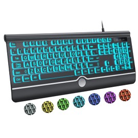 KOPJIPPOM Computer Wired Keyboard, Large Print Backlit Keyboard with Wrist Rest, 7-Colors Backlit, Plug and Play, Foldable Stands, Spill-Resistant, Corded Full Size Keyboard for Windows, PC, Laptop