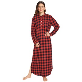 Latuza Women's Plaid Flannel Nightgowns Full Length Sleep Shirts, Red & Black, Large