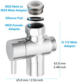 Roscid 3 Way Shower Diverter Valve, Solid Brass Shower Diverter Valve, Sink Valve Diverter Faucet Splitter for Kitchen or Bathroom, Faucet Diverter Valve Adapter with M22-M24, M22-G1/2 Adaptor, Sliver