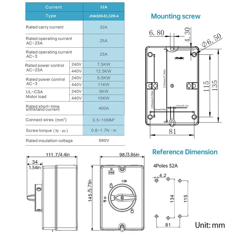 32 Amp AC Disconnect Switch Box Outdoor, 110V 220V 690V